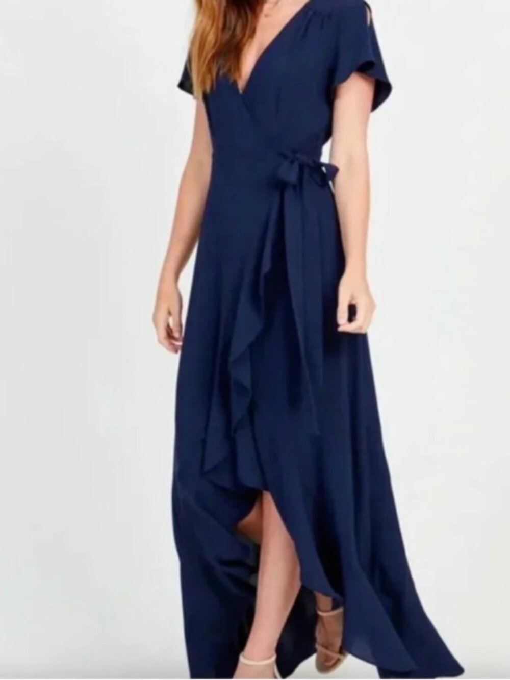Altar'd State Navy Wrap Maxi Dress with Ruffle Sleeves